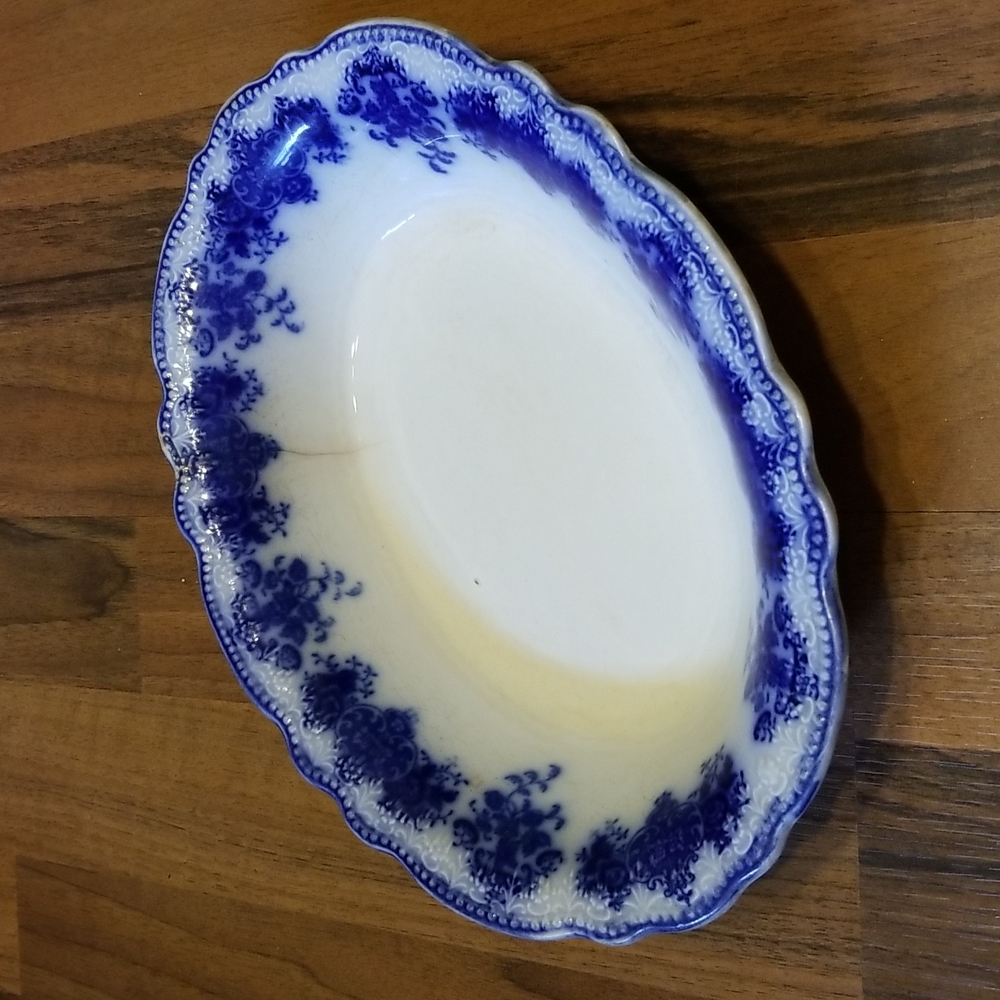 Antique W H Grindley Clarence English Porcelain Floral Flow Blue & White Oval D…